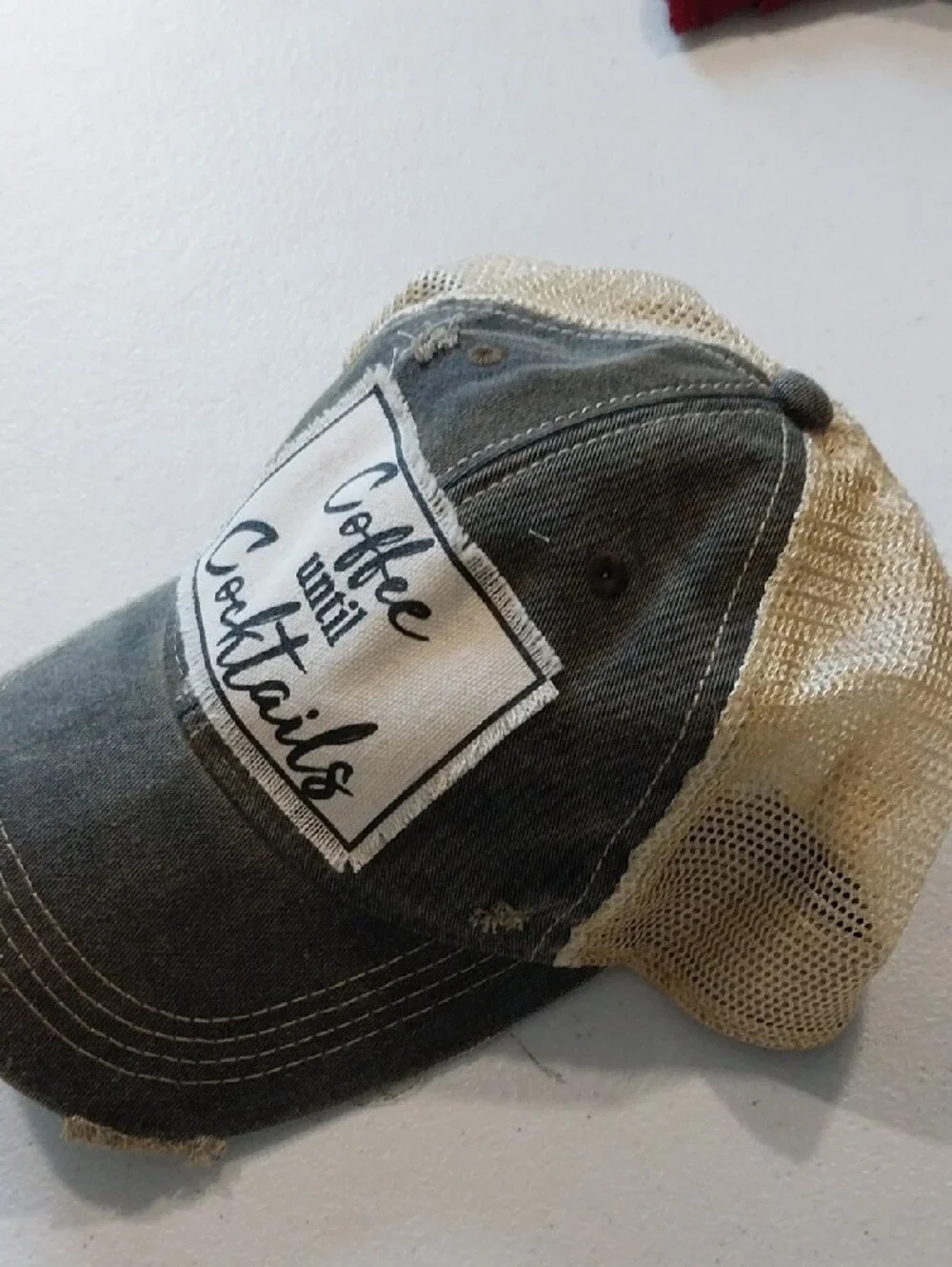 Coffee Until Cocktails Distressed Trucker Hat - Beige and Dark Gray